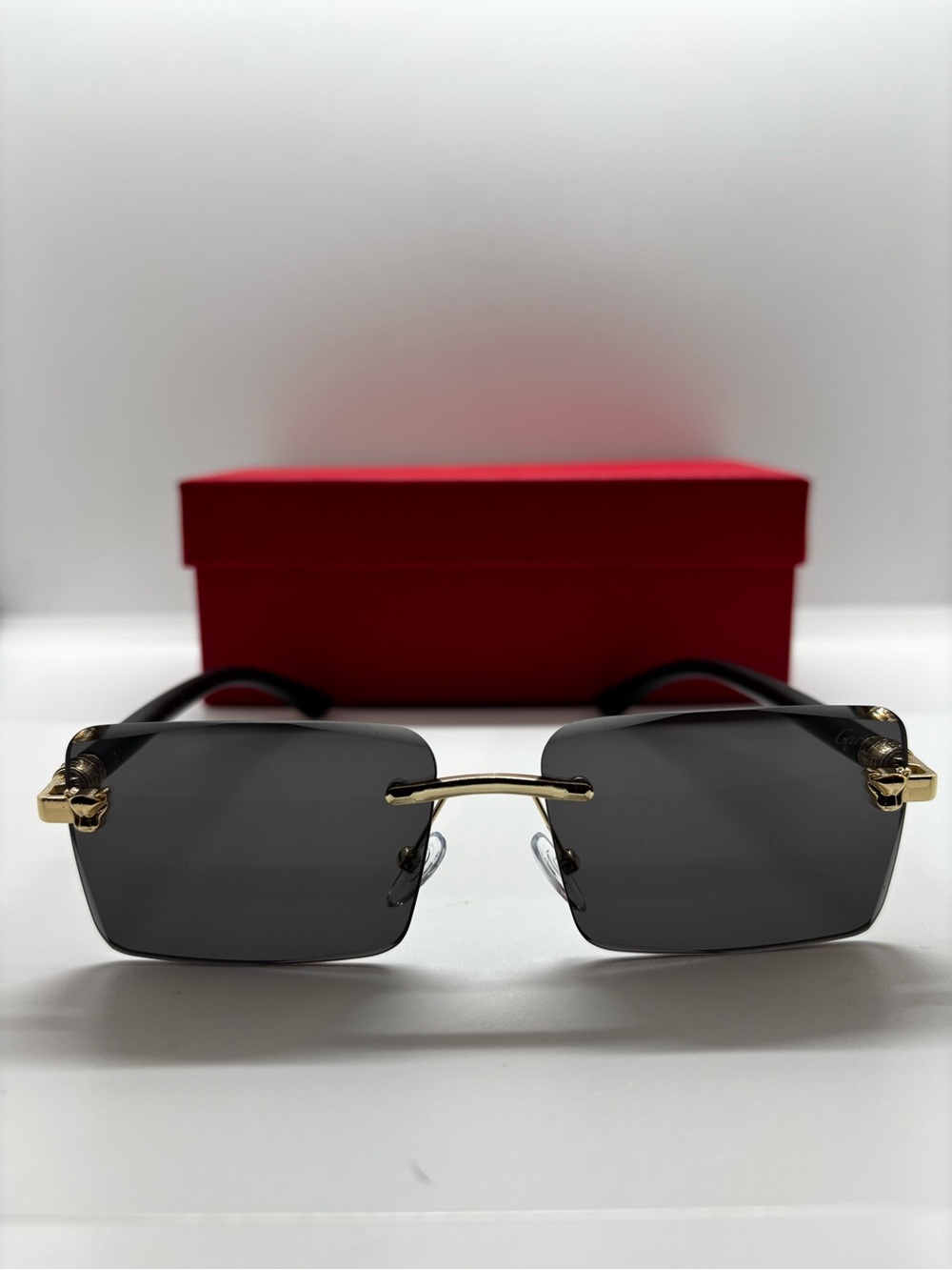 Men's Rimless Rectangle Sunglasses - Black Lenses, Gold Frame
